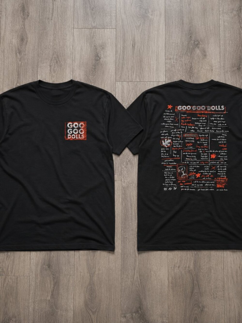 Goo Goo Dolls Lyrics Collage Double Sided Alternative Rock Graphic T-Shirt